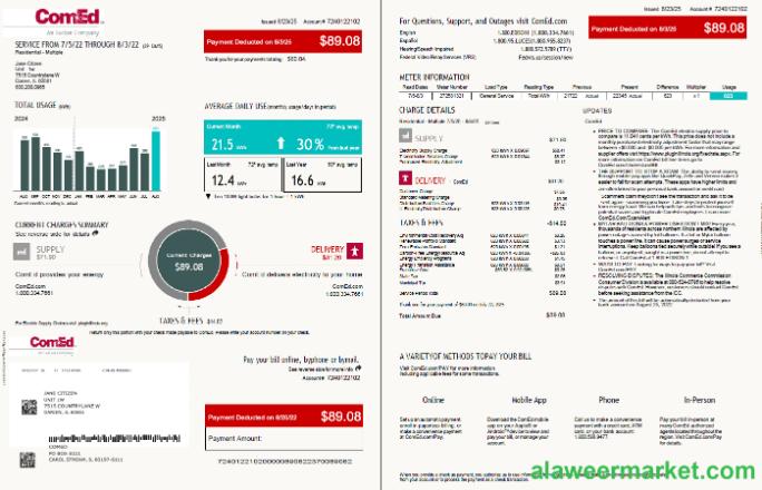 USA ComEd utility bill template in Word and PDF formats, 4 pages, 1-2 pages